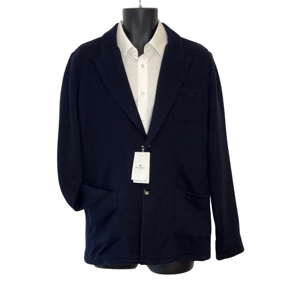 John Henric Knitted Blazer Jacket Mens L Merino Wool Navy Lined Office Event NWT